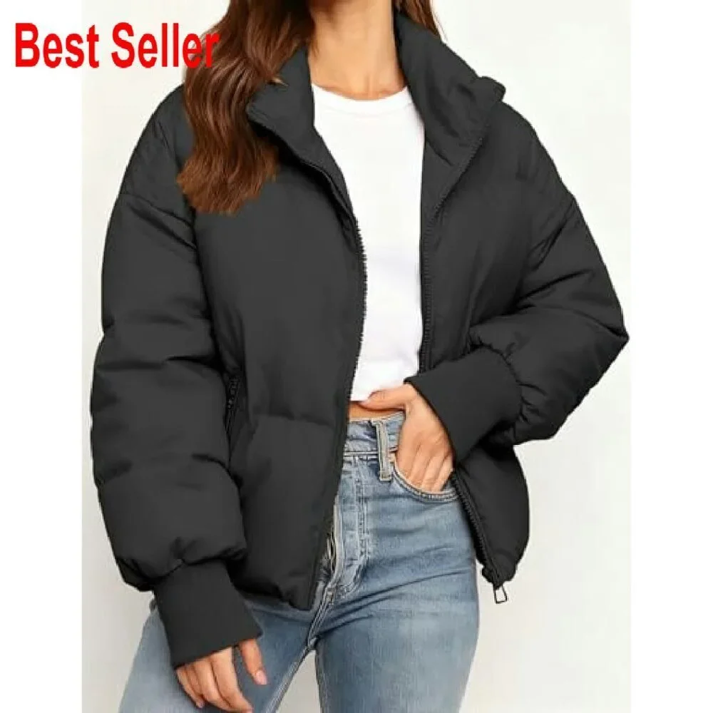 Cropped Puffer Jacket Zip Up Quilted Padded Coat Chic Minimal Winter Outwear